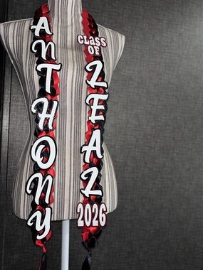 Custom Graduation Lei Stoles - Red & Black "Anthony" and "Leah"